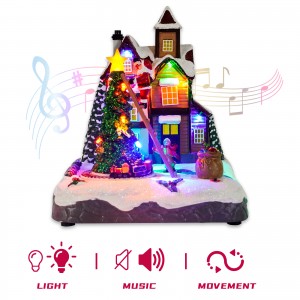 LED Luuchten animéierten spannen Zuch Zeen Resin Musical Chrëschtdag Duerf Haiser mat 8 Xmas Lidder