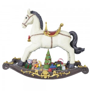 Ihhashi elisha elifikayo eliphelele elenziwe ngokwezifiso leholide le-noel Led Christmas resin musical rocking horse elinezingoma eziyi-8