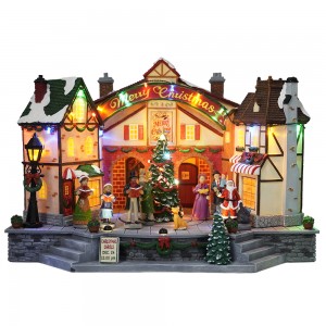 Polyresin LED Santa Shop haingon-trano lehibe tanàna fibre optic Krismasy tanàna trano