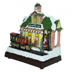 Artiġjanat mużikali bl-ingrossa wassal dekorazzjoni tal-Milied Hand Painted Tabletop Christmas Village stabbilit b'ferrovija li tiċċaqlaq