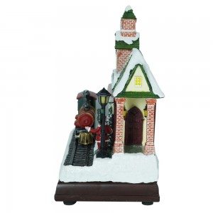 Artiġjanat mużikali bl-ingrossa wassal dekorazzjoni tal-Milied Hand Painted Tabletop Christmas Village stabbilit b'ferrovija li tiċċaqlaq