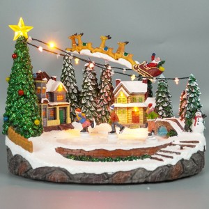 Wholesale noel Led illuminated skating and sleigh Xmas scene musical fiber optic Christmas village for holiday decoration