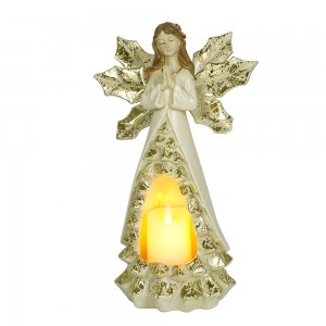 Wholesale custom gold resin prayer gesture angel statue with LED candle and wings