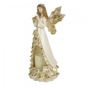 Wholesale custom gold resin prayer gesture angel statue with LED candle and wings