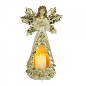 Estatua de ángel con gesto de oración de resina dorada personalizada al por mayor con vela LED y alas