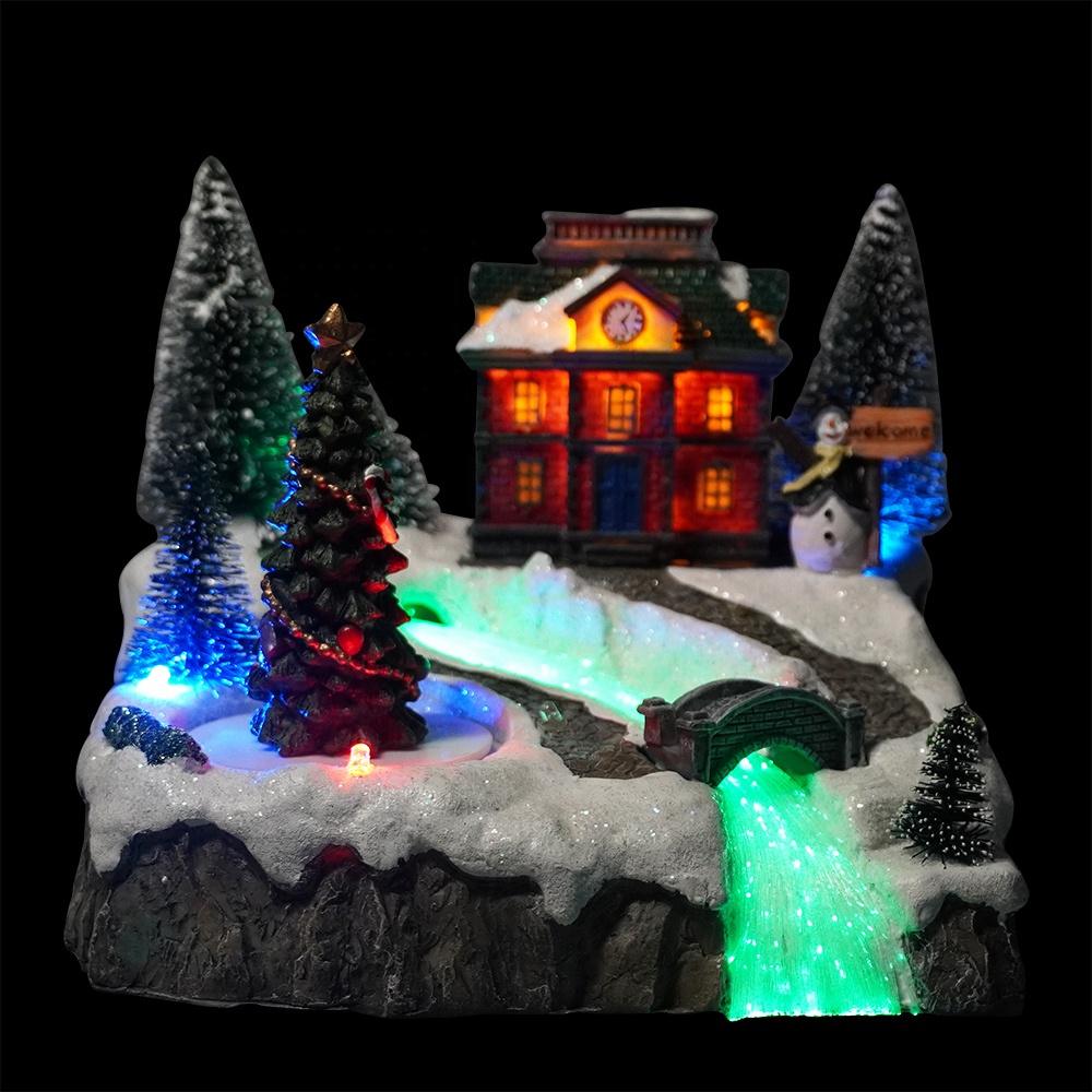 ຂາຍສົ່ງສ່ວນບຸກຄົນ noel Mult Led Musical Led illuminated fiber optic resin ບ້ານວັນຄຣິດສະມາດມີ 8 ເພງ