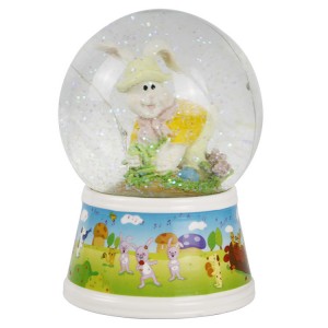 Festival decor Pascua 100 mm battery operated Mult Led musical resin easter rabbit snow globe with glitter