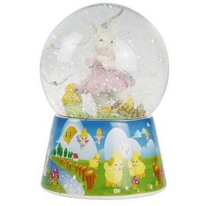 Festival decor Pascua 100 mm battery operated Mult Led musical resin easter rabbit snow globe with glitter