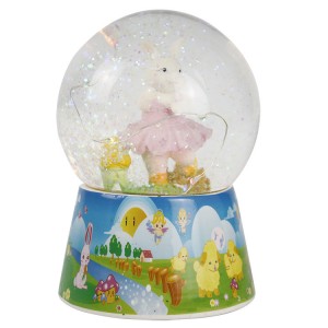 Festival decor Pascua 100 mm battery operated Mult Led musical resin easter rabbit snow globe with glitter