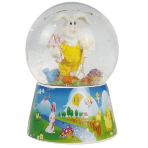 Festival decor Pascua 100 mm battery operated Mult Led musical resin easter rabbit snow globe with glitter