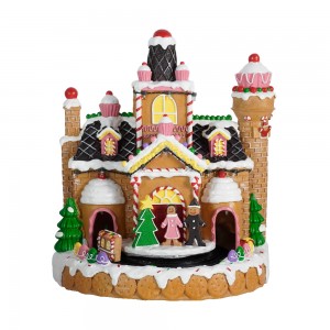 LED musical Christmas village figurine Christmas resin gingerbread ụlọ CHRISTMAS DECORATION 2024 na ije