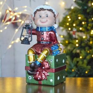 Wholesale LED Musical polyresin elf with metal lantern figurines ornament for Christmas Home Decoration