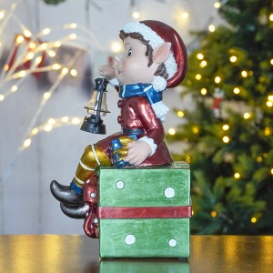 Wholesale LED Musical polyresin elf with metal lantern figurines ornament for Christmas Home Decoration