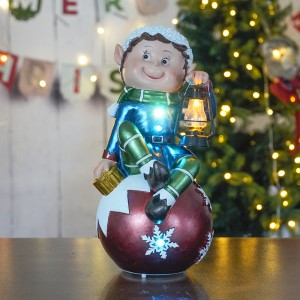 Wholesale LED Musical polyresin elf with lantern sitting on christmas ball statue Christmas ornament for Christmas Decoration