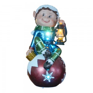 Wholesale LED Musical polyresin elf with lantern sitting on christmas ball statue Christmas ornament for Christmas Decoration