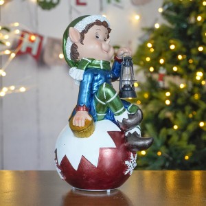 Wholesale LED Musical polyresin elf with lantern sitting on christmas ball statue Christmas ornament for Christmas Decoration