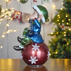 Wholesale LED Musical polyresin elf with lantern sitting on christmas ball statue Christmas ornament for Christmas Decoration