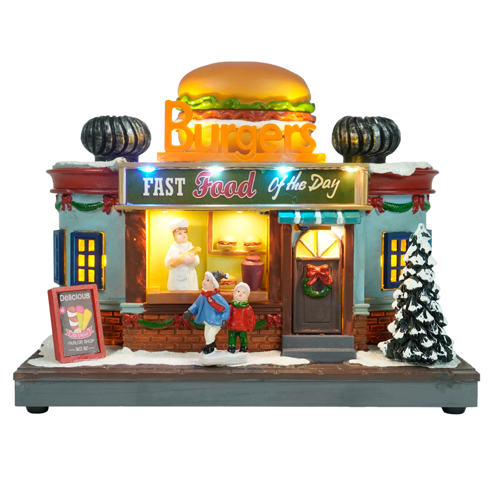 7-Zoll-LED-Burger mit rotierenden Käfern, Weihnachtsdorf, Lebkuchenhaus, 8 Musiklieder mit USB-Kabel