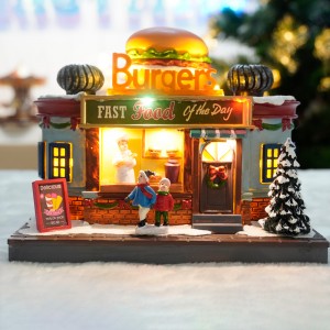 7″LED burgers nga adunay rotating bugers, christmas village,Gingerbread house,8 songs music with USB cable