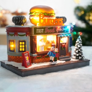 7″LED burgers with rotating bugers, christmas village,Gingerbread house,8 songs music with USB cable