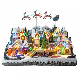 ຂະໜາດໃຫຍ່ດົນຕີ Polyresin Christmas LED House flying Santa sleigh scene Christmas Village with rotating Xmas tree