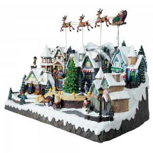 Ukuran Gedhe Musical Polyresin Natal LED House mabur Santa sleigh pemandangan Christmas Village karo wit Xmas puteran