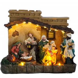 Western Saints Christmas Resin Craft Nativity Kev cai dab qhuas Music LED Warming Cabin Teeb Lub Tsev Kho Kom Zoo Nkauj nrog txav