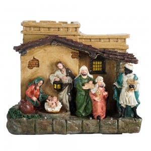 Western Saints Christmas Resin Craft Nativity Religious Music LED Warming Cabin Lights Home Decorations with movement