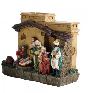 Western Saints Christmas Resin Craft Nativity موسیقی مذهبی چراغ های کابین گرمایش LED تزئینات خانه با حرکت