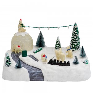 Wholesale Animated plastic LED Christmas village houses with Polar bear christmas decors with movement and music