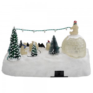 Wholesale Animated plastic LED Christmas village houses with Polar bear christmas decors with movement and music