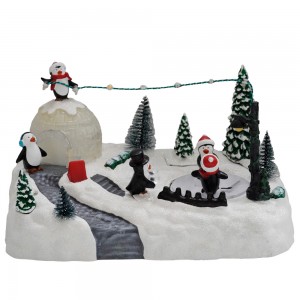 New arrival LED music christmas village figurine with Penguin 2024 christmas decoration with movement