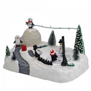 New arrival LED music christmas village figurine with Penguin 2024 christmas decoration with movement