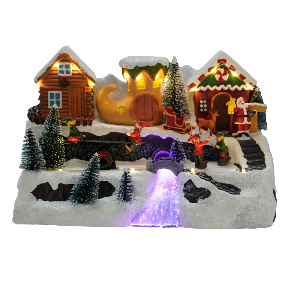 I-Wholesale LED christmas village izindlu ze-christmas resin 2024 umhlobiso kaKhisimusi ngokunyakaza komculo kanye ne-seesaw