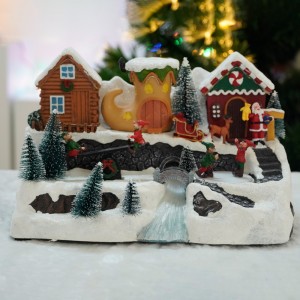 Wholesale LED christmas village mga balay sa christmas resin 2024 Christmas decoration nga adunay kalihukan sa musika ug seesaw