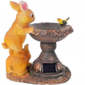 Outdoor Ornament patio lawn decor Resin Tow Rabbits Bird Bath Solar Garden rabbit Statue nga adunay solar light