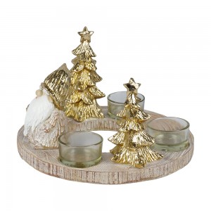 Resin craft Resin Gnome Statue with Christmas Tree Gold Tea Light Candle Holders For Home and Christmas Decoration