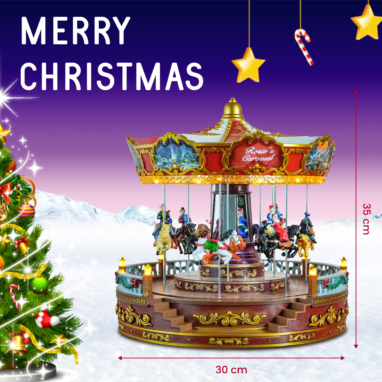 មានចលនា Led Musical Red noel Christmas Carousel Music Box សម្រាប់ការតុបតែងថ្ងៃបុណ្យណូអែល