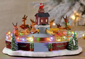 LED Plastic Xmas decor Amusement park Music Box na lumilipad na sleigh deer scene na may Turning Function at Musika