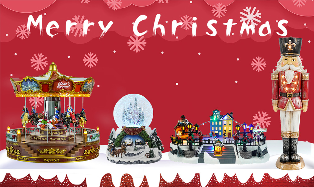 Our main product line include resin Christmas figurines, Christmas wreath & garlands, resin and wooden nutcrackers, fabric Santa Claus figurines, Christmas snow globes, Christmas music box, led & water spinning resin decor, etc. 